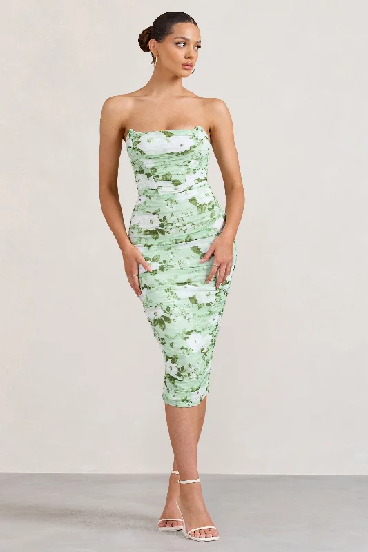 Negroni | White & Green Floral Print Bandeau Corset Ruched Mesh Midi Dress