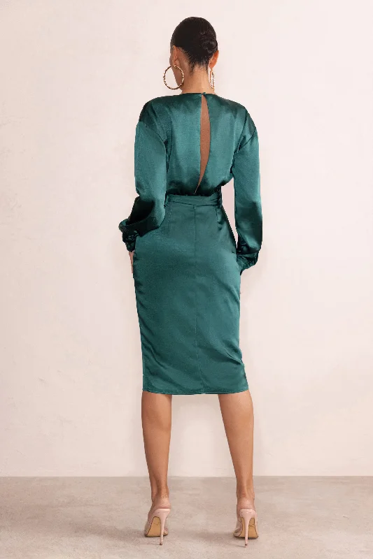 True Romance | Bottle Green Satin Plunge Neck Midi Dress With Belt Detail