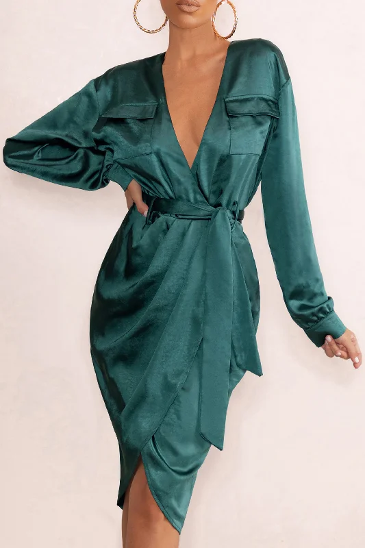 True Romance | Bottle Green Satin Plunge Neck Midi Dress With Belt Detail