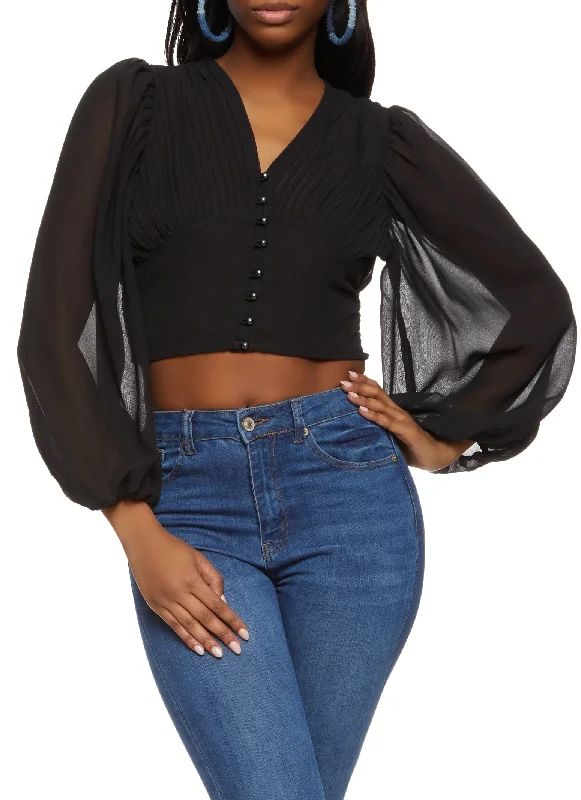 Pleated Button Front Cropped Blouse