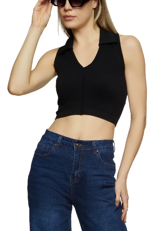 Seamless Rib Knit Collared Crop Top