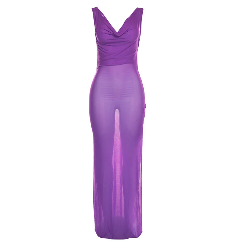 2023 new arrivals women natural solid color v-neck mesh see through dress summer maxi dress