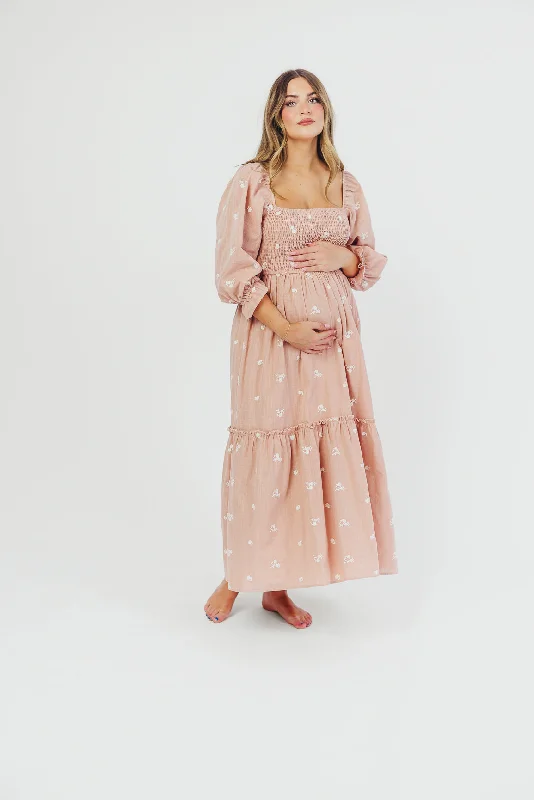 Naomi 3/4 Sleeve Embroidered Maxi Dress in Blush - Bump Friendly *Low Stock*