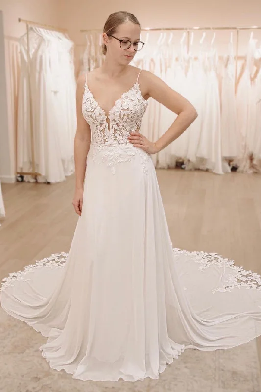 A Line Spaghetti Straps Chiffon Wedding Dresses with Appliques N057