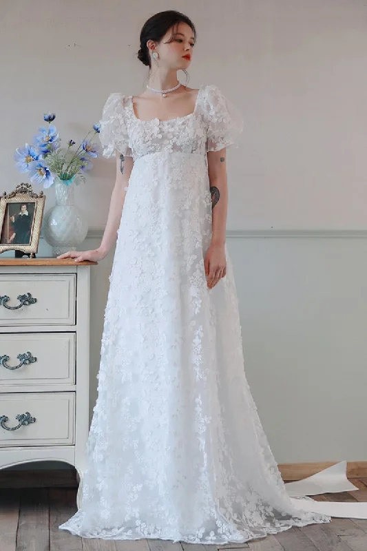 A-Line Sweep-Brush Train Lace Satin Wedding Dress CW3095