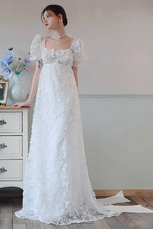 A-Line Sweep-Brush Train Lace Satin Wedding Dress CW3095