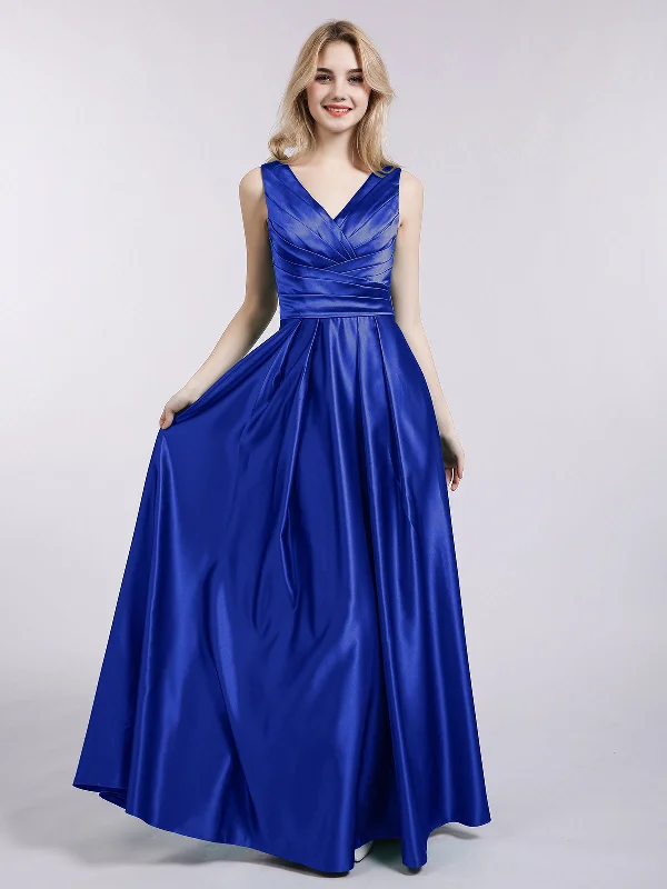 Open Back Long Satin Gown with V-neck-Royal Blue