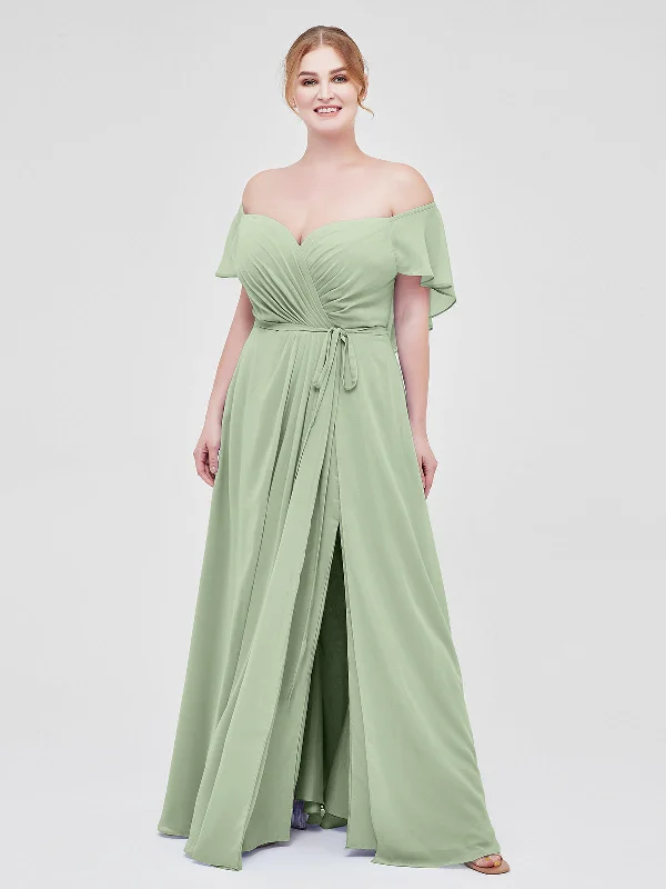 Cap Sleeves Chiffon Bridesmaid Dresses with Slit Dusty Sage Plus Size