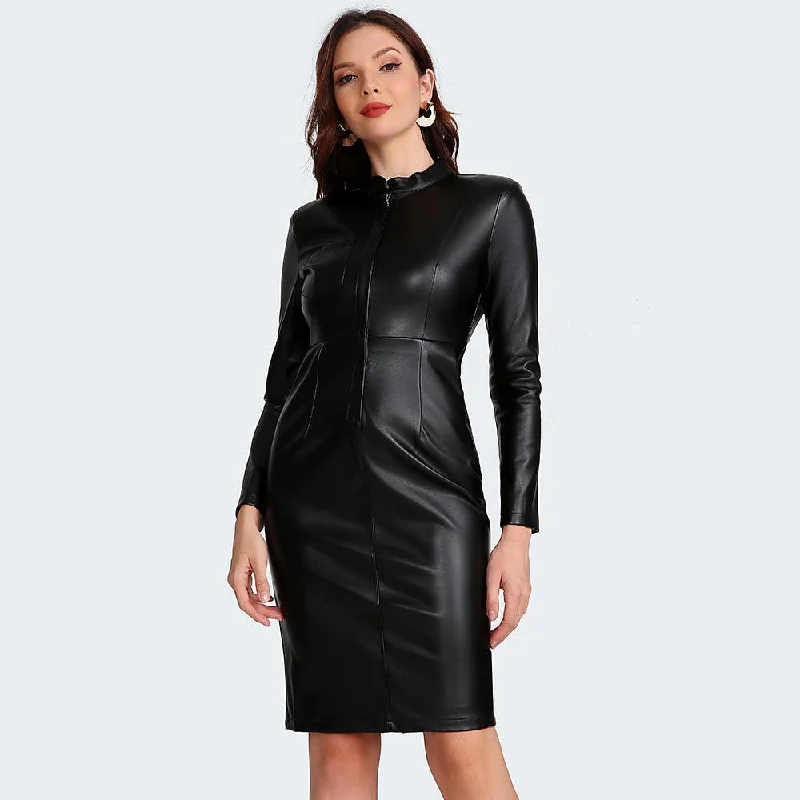 Black Faux Leather Elegant Zip up Midi Dress