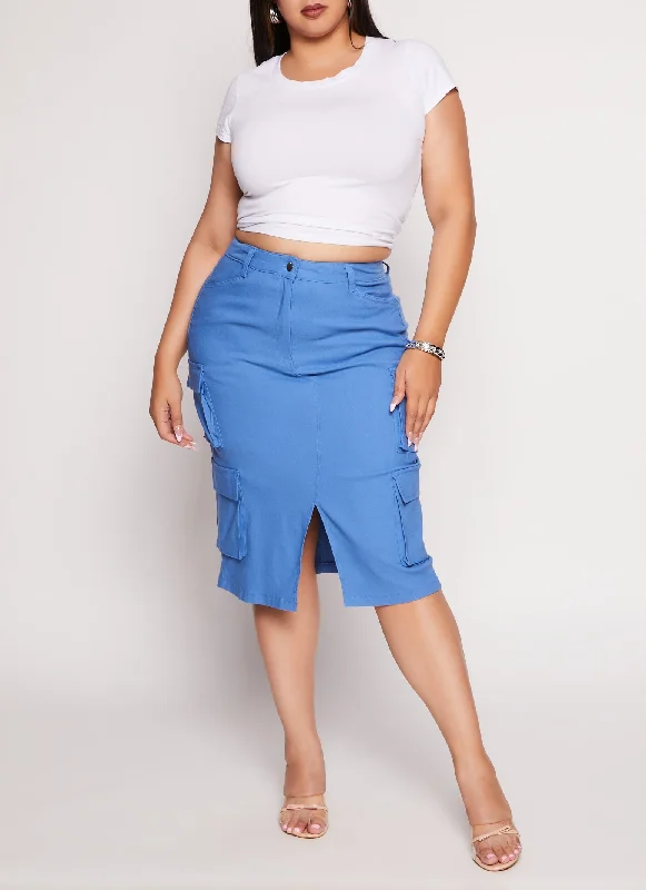 Plus Size Hyper Stretch Slit Front Cargo Skirt