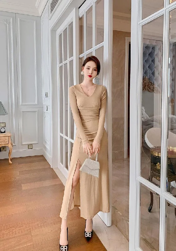 Champagne Chiffon High Split Midi Dress