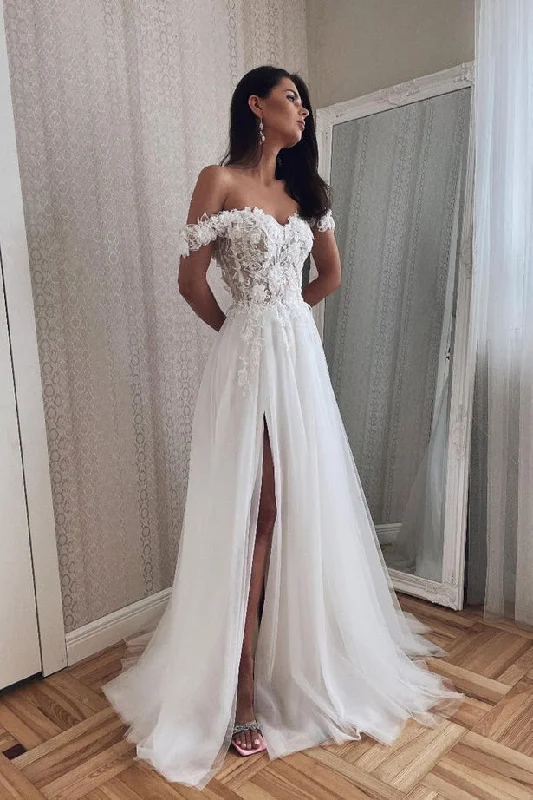 Charming A Line Off the Shoulder Tulle Wedding Dresses with Appliques N080