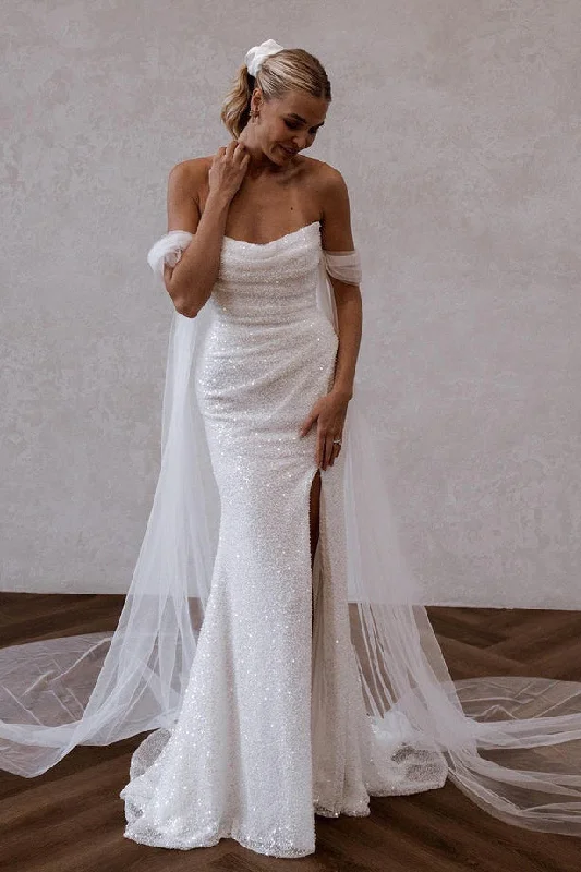 Charming Mermaid Off the Shoulder Sequins Wedding Dresses with Slit N085