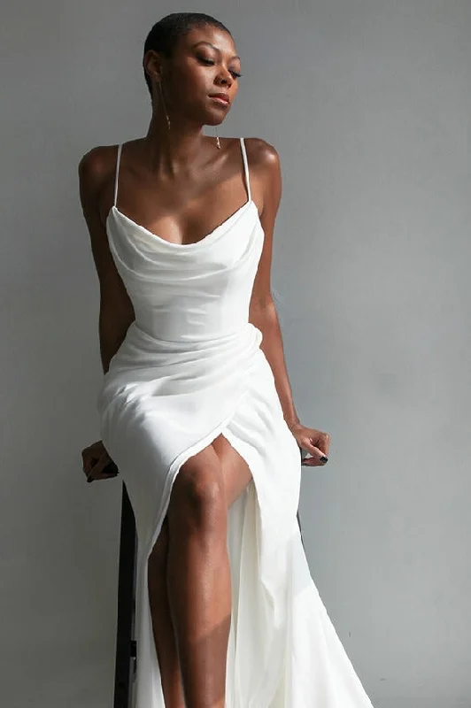 Charming Sheath Cowl Neck Soft Satin Long Wedding Dresses with Slit N112