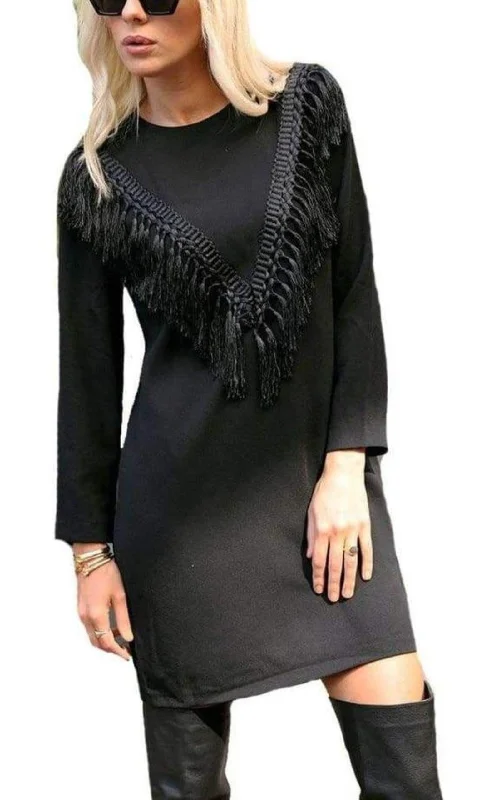 Black Bodycon Fringe Detail Dress