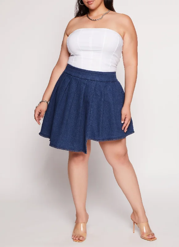 Plus Size Daisy Asymmetrical Pleated Denim Skort