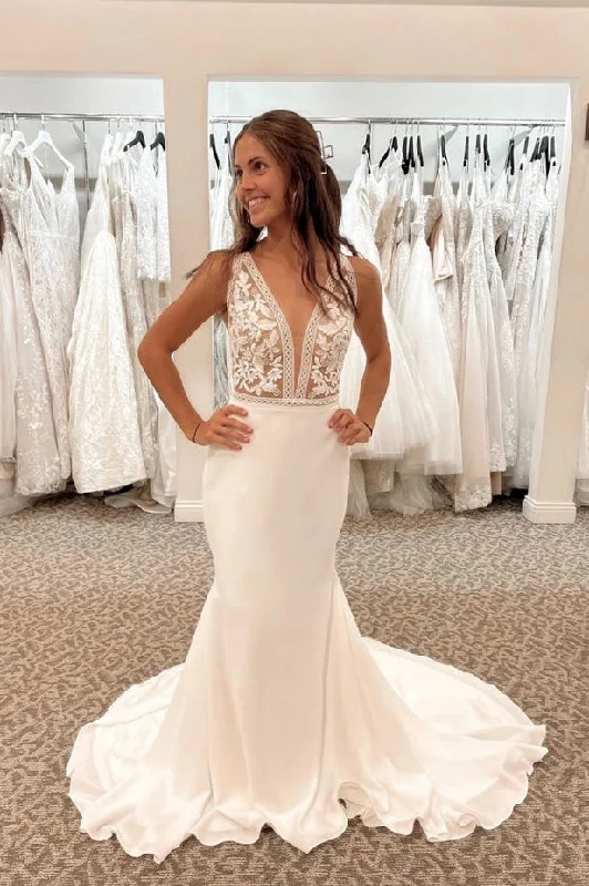 Mermaid V Back Sweep Train Wedding Dresses with Lace N030