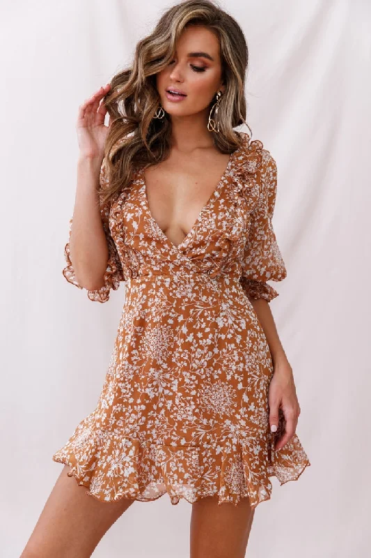 Misty Half Puff Sleeve Ruffle Detail Dress Tan