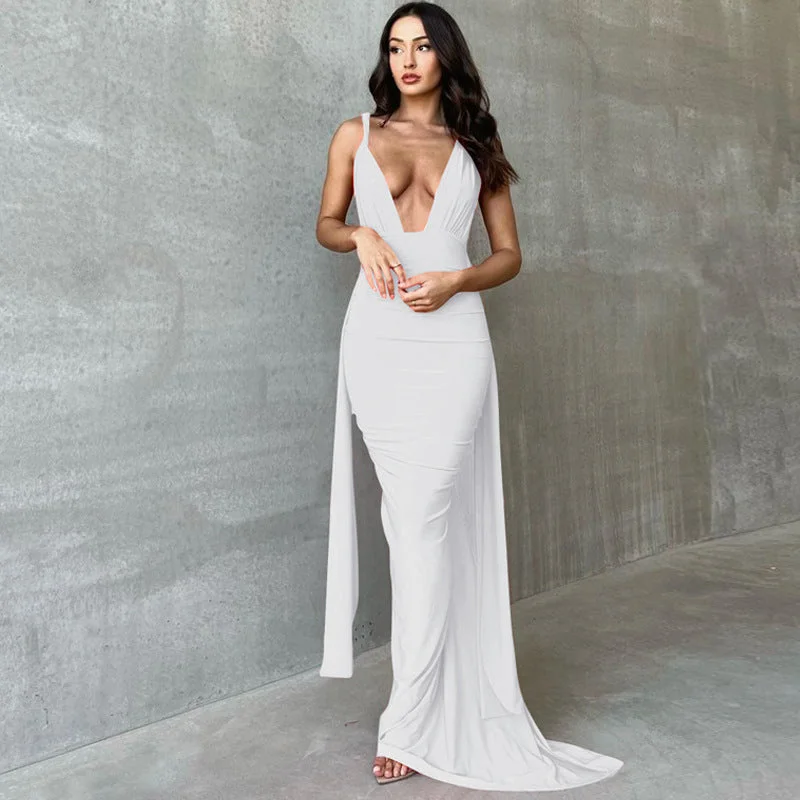 New Trending Ruched backless Sexy Halter Dresses Sleeveless Bodycon Maxi Long Dress Summer Elegant Dress