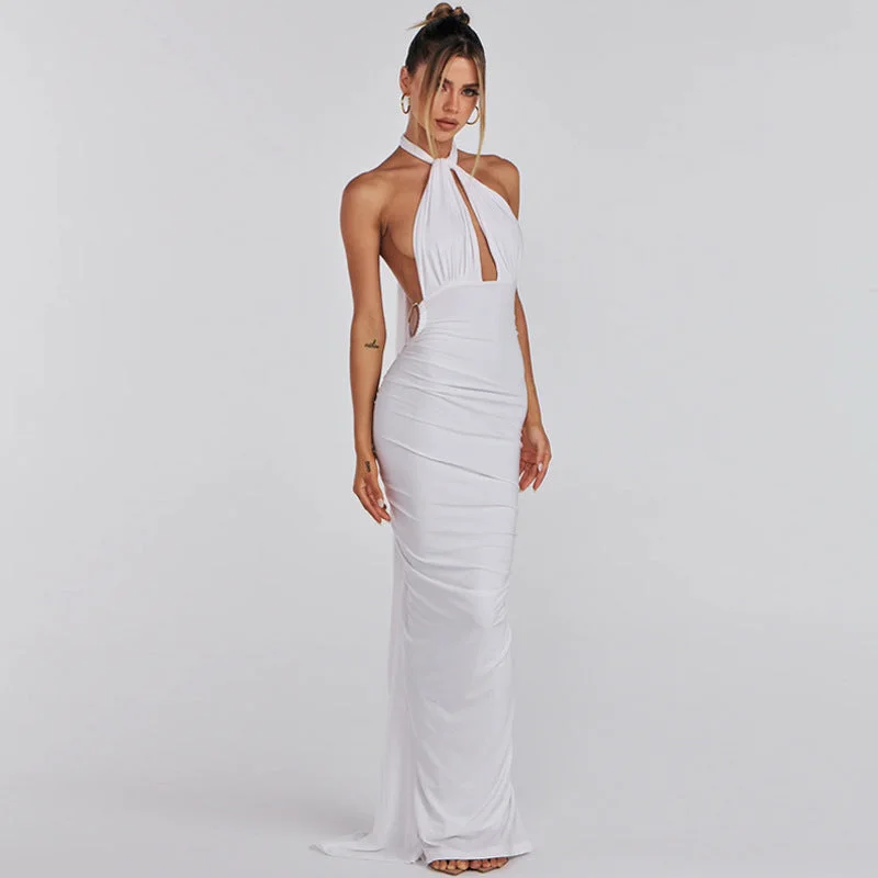 New Trending Ruched backless Sexy Halter Dresses Sleeveless Bodycon Maxi Long Dress Summer Elegant Dress