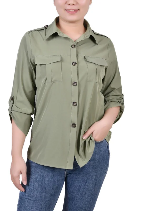 Petites Womens Collared Pocket Button-Down Top