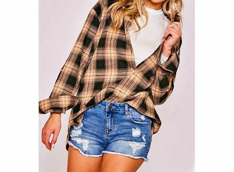 Plaid Button Down Top In Taupe And Black