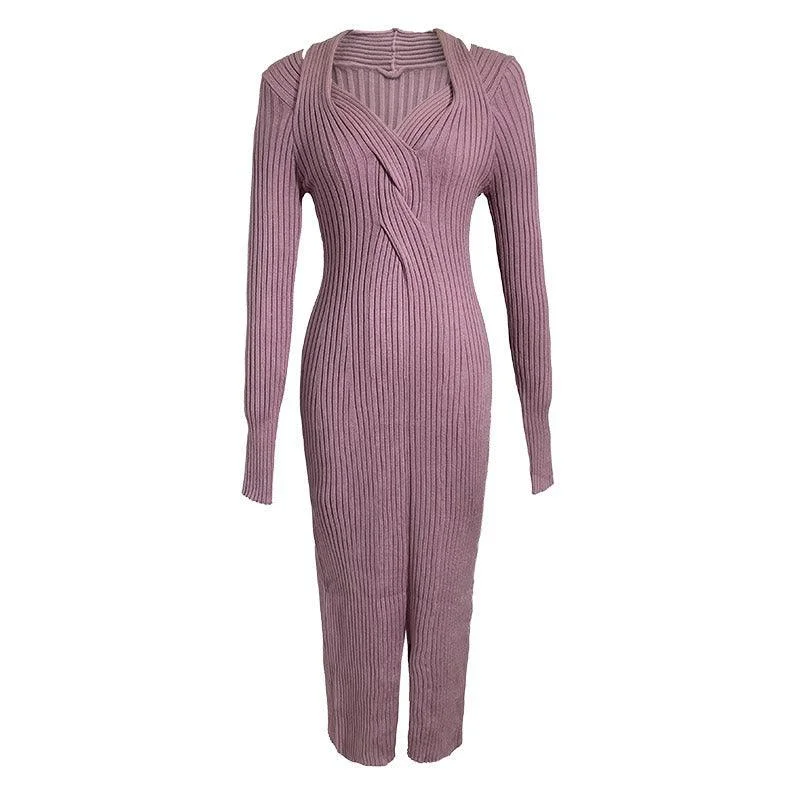 Purple Knitted Ribbed Casual Sweater Dress