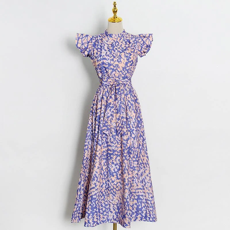 Purple Printed Neck Summer Casual Maxi Dress