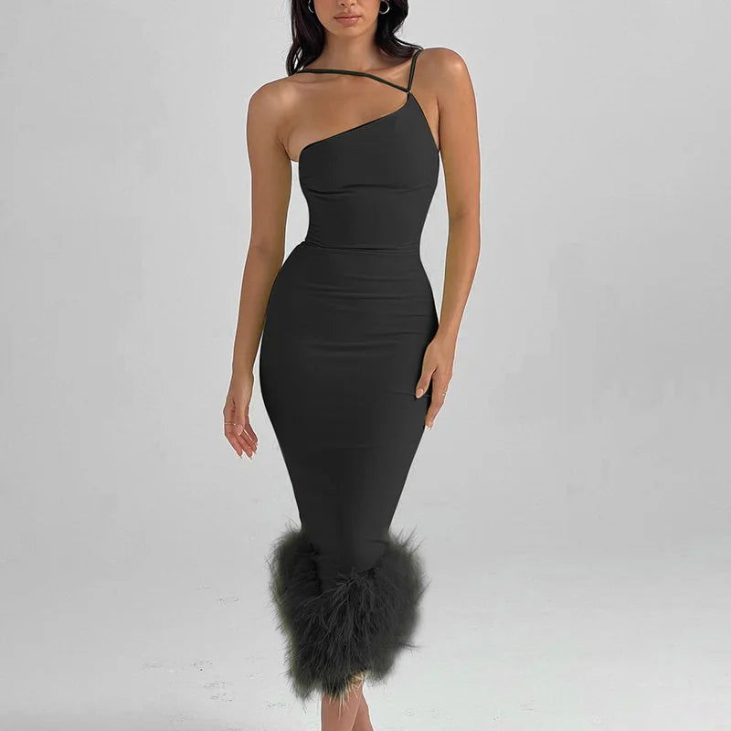 Sexy Feather Dress Women Autumn Winter One Shoulder Bodycon Maxi Dress