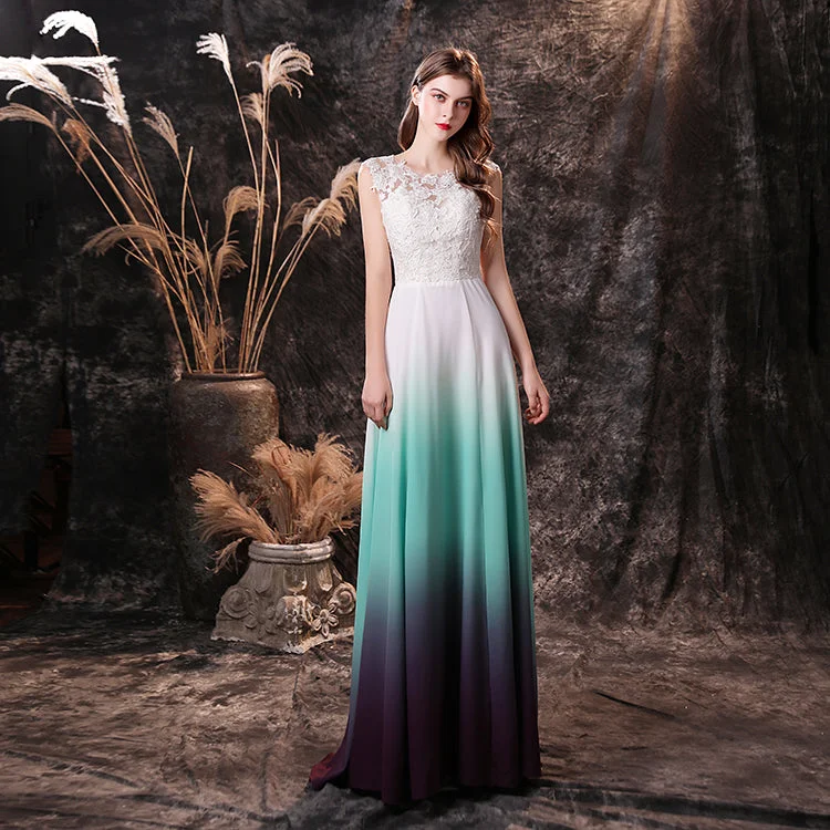 Teal Gradient Chiffon Sleeveless Round Neck Backless Maxi Dress