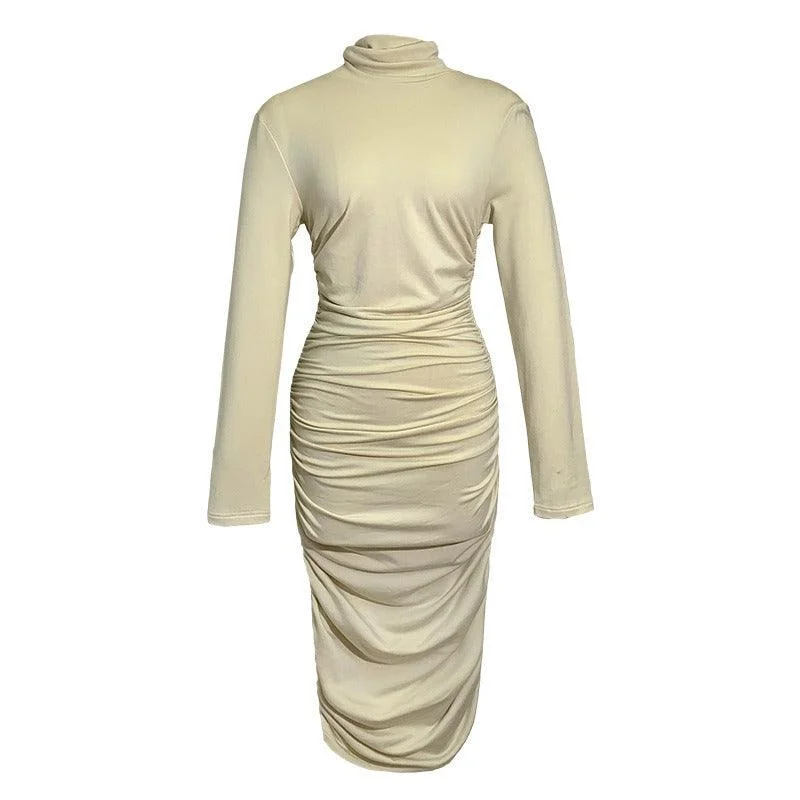 Turtle Neck Chiffon Long Sleeve Bandage Midi Dress