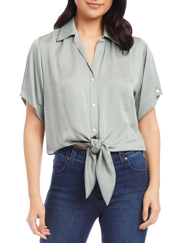 Womens Collared Tie Front Button-Down Top