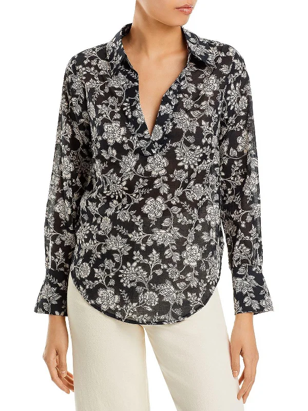 Womens Floral Print Split Neck Button-Down Top